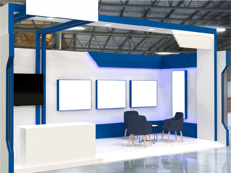展示ブース風の空間に設置された椅子とテーブルの内装イメージと、イベント広告・展示会事業の説明イラストが並ぶサービス紹介ビジュアル